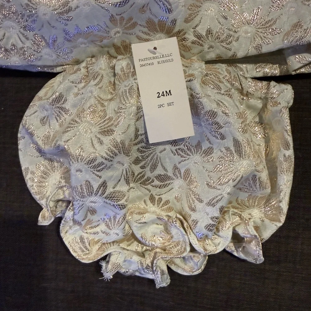 Laura Ashley Cream and Gold Floral Dress with Diaper Cover Set